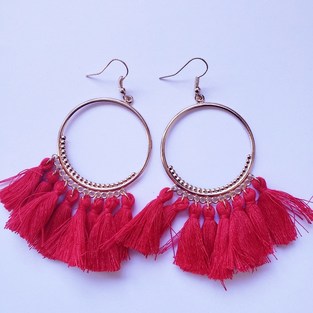 Red Tassel Boho Hoop Earrings
